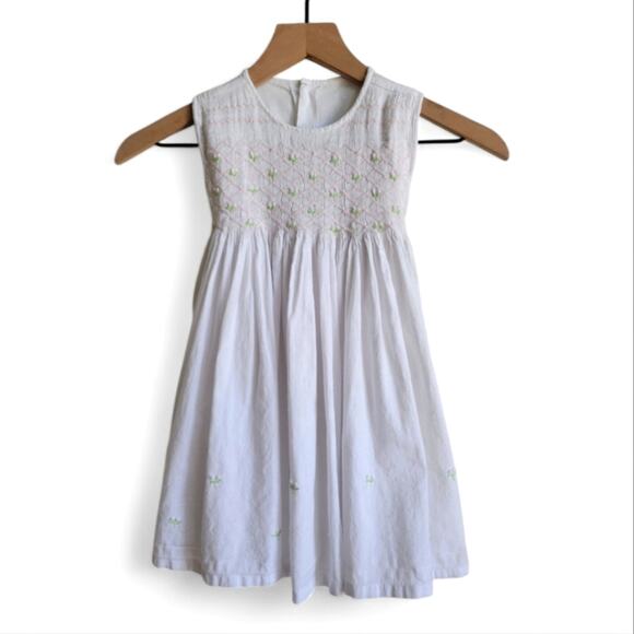 Handmade Cotton Embroidered Floral Dress with Smocking Size 4T White - Picture 1 of 5